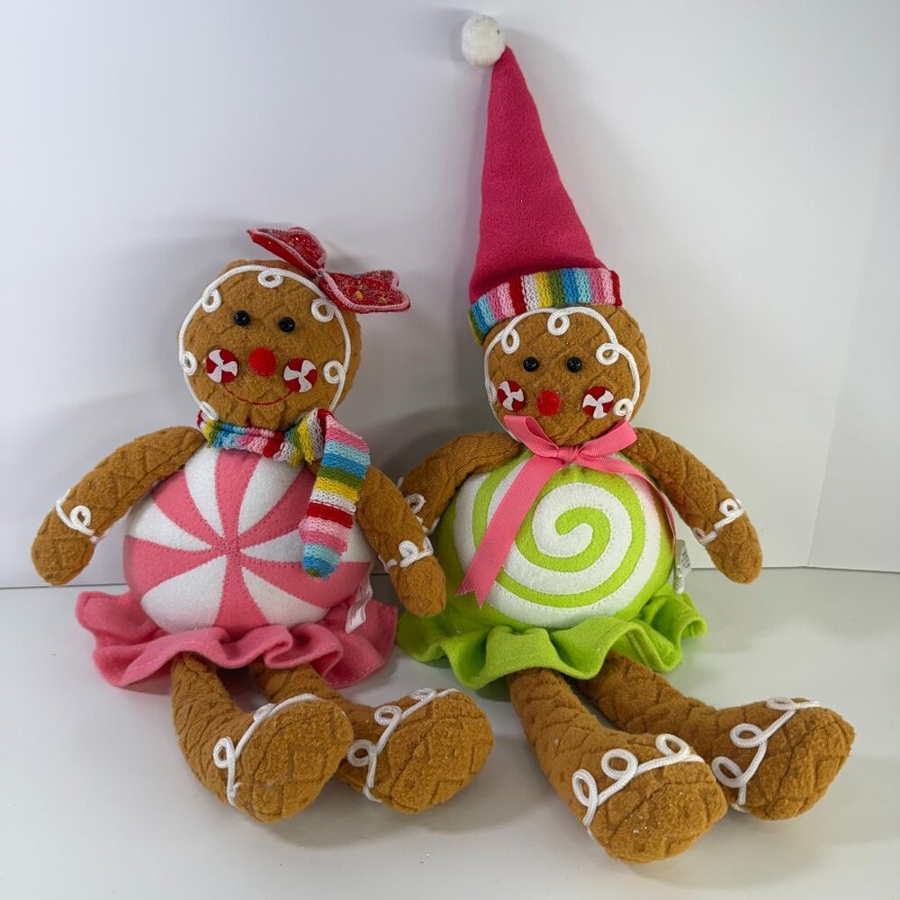 Gingerbread Plush Christmas Decor – Set of 2 – Pink & Green Peppermint